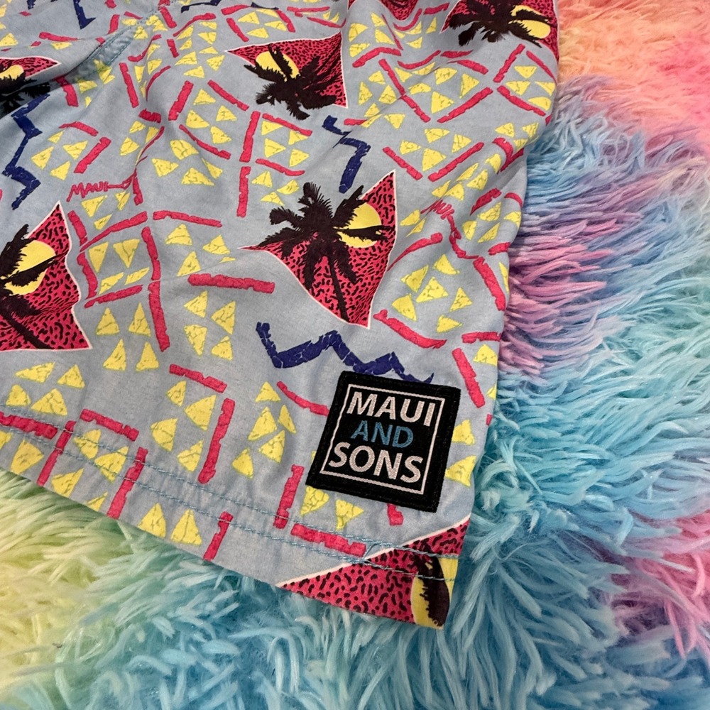 Maui and Sons Mens Blue 80s Retro Palm Tree Geometric Print Swim Trunks Large - Picture 2 of 6